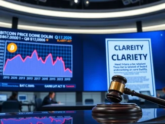 Newsroom display showing Bitcoin price chart and CLARITY Act document with gavel