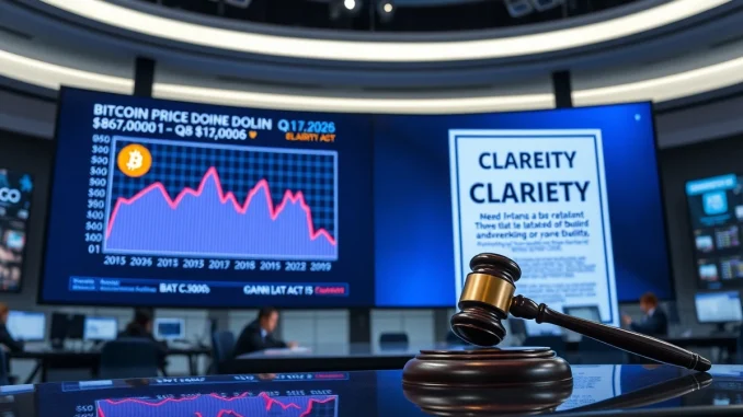 Newsroom display showing Bitcoin price chart and CLARITY Act document with gavel