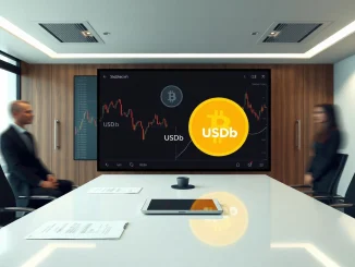 Crypto today news illustration showing Bitcoin and USDb stablecoin on digital display in corporate meeting room