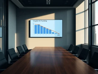 Empty boardroom with digital screen showing declining crypto VC funding chart for April 2026