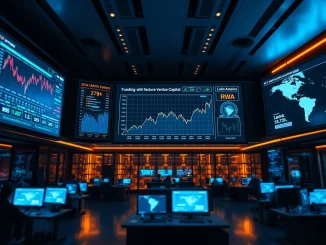 Crypto market data screens showing declining VC funding chart and global map with Latin America highlighted.