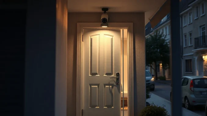 Secure residential entrance at dusk with surveillance camera, representing crypto holder safety concerns in France.