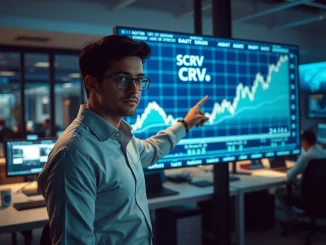 Financial analyst reviewing CRV price chart on digital display in modern newsroom