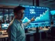 Financial analyst reviewing CRV price chart on digital display in modern newsroom