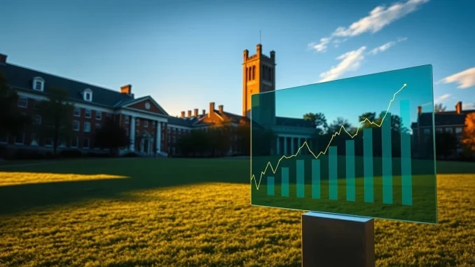 Dartmouth College campus with Baker Tower and financial data display representing crypto ETF investment