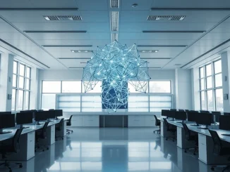 A glowing blue neural network in a modern London AI research lab, representing Ineffable Intelligence's reinforcement learning system.