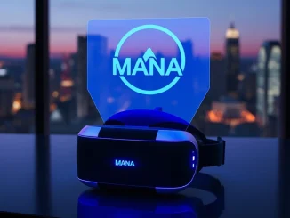 Holographic Decentraland MANA logo above a virtual reality headset on a desk at dusk