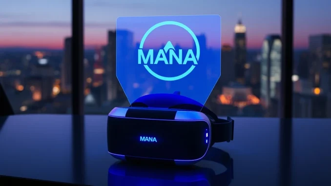 Holographic Decentraland MANA logo above a virtual reality headset on a desk at dusk