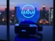 Holographic Decentraland MANA logo above a virtual reality headset on a desk at dusk