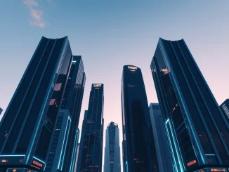 Futuristic digital cityscape representing the Decentraland metaverse with glowing buildings at twilight.