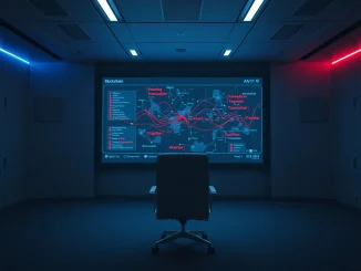 Control room with digital screen showing blockchain network and frozen transaction alerts