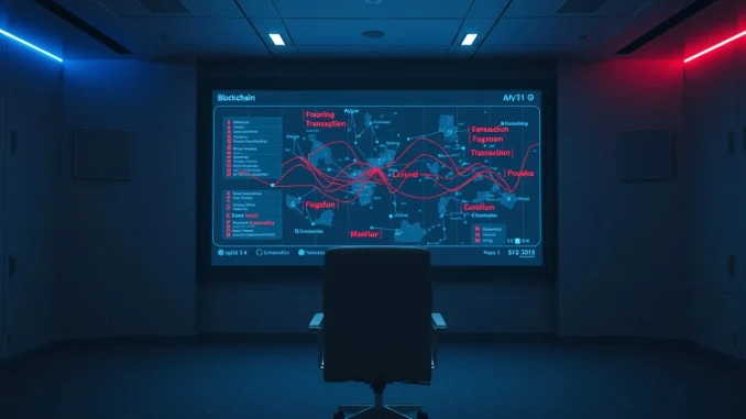 Control room with digital screen showing blockchain network and frozen transaction alerts
