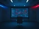 Control room with digital screen showing blockchain network and frozen transaction alerts