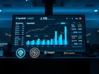 Financial dashboard showing revenue distribution data for Hyperliquid, EdgeX, and Pump.fun in a modern newsroom setting