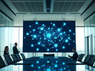 Digital screen displaying Canton Network blockchain topology in a modern corporate boardroom