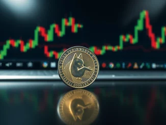 Dogecoin token on reflective surface with blurred financial charts in background