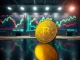 Golden Dogecoin on reflective surface with trading charts in background