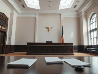 Courtroom interior with legal documents and a judge's bench, symbolizing the OpenAI trial.