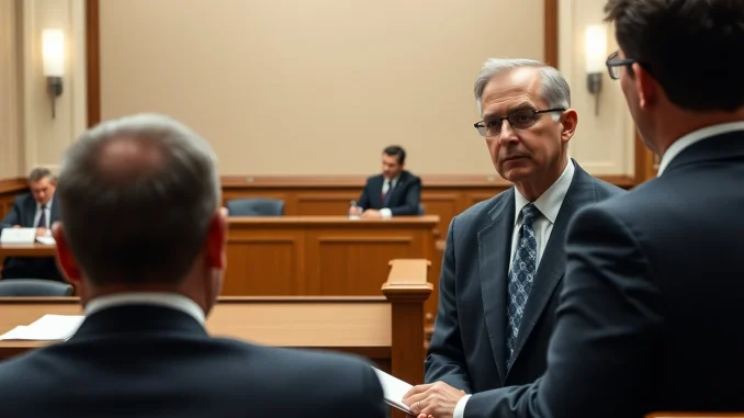 Courtroom scene during the OpenAI trial with expert witness Peter Russell testifying about AGI risks