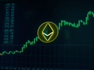 Ethereum logo coin above digital trading chart with green upward trends