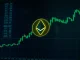 Ethereum logo coin above digital trading chart with green upward trends
