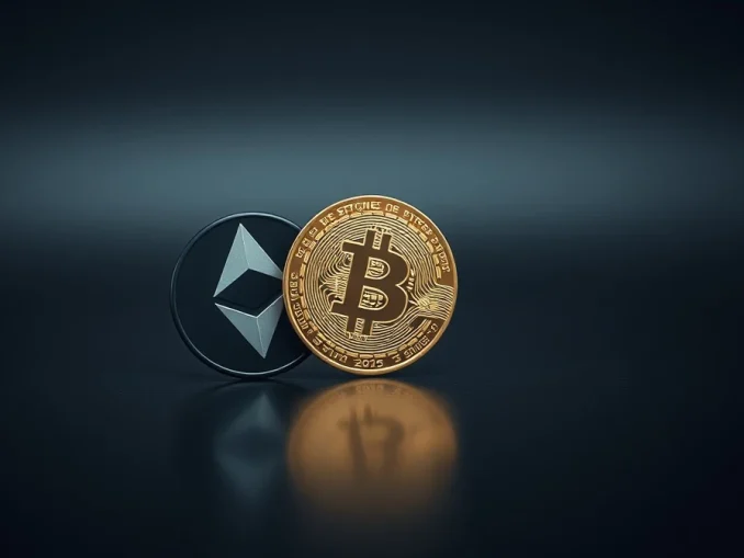 Ether coin trailing behind a Bitcoin coin on a reflective surface, representing market underperformance.