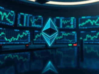 Ethereum logo above trading monitors with rising price charts in a dark financial setting