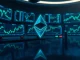 Ethereum logo above trading monitors with rising price charts in a dark financial setting
