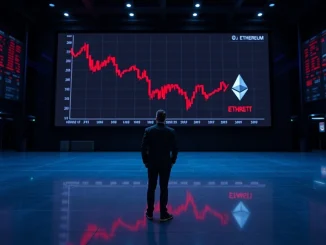 A dark trading floor with a large digital screen showing a declining Ethereum price chart, reflecting bearish market sentiment.