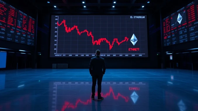 A dark trading floor with a large digital screen showing a declining Ethereum price chart, reflecting bearish market sentiment.