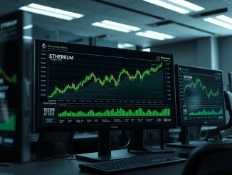 Professional trading desk with Ethereum price charts and derivatives metrics on multiple monitors