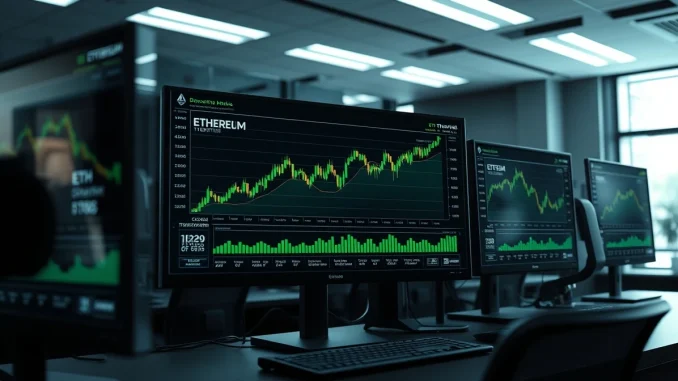 Professional trading desk with Ethereum price charts and derivatives metrics on multiple monitors