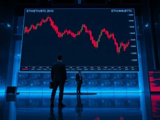 ETH/BTC price chart showing a sustained downtrend on a trading floor screen.