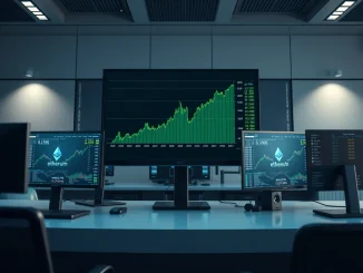 Ethereum price chart showing bullish momentum on a trading desk monitor
