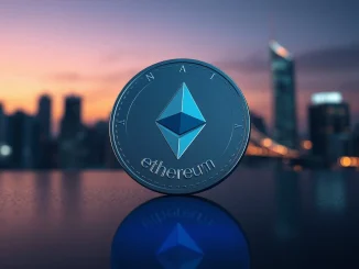 Ethereum coin on reflective surface with blockchain-themed digital background