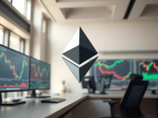 Ethereum symbol on a modern trading desk with financial charts in background
