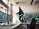 Ethereum symbol on a modern trading desk with financial charts in background
