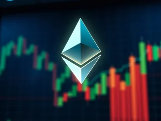 Ethereum symbol above a financial chart with candlestick bars in a dark trading environment