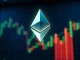 Ethereum symbol above a financial chart with candlestick bars in a dark trading environment