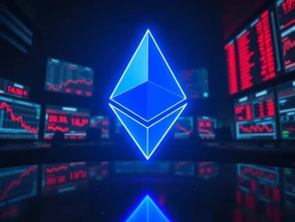 Ethereum logo with red trading charts and oil price data in background