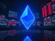 Ethereum logo with red trading charts and oil price data in background