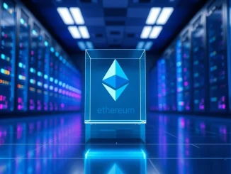 Ethereum logo floating in a modern server room representing network staking infrastructure