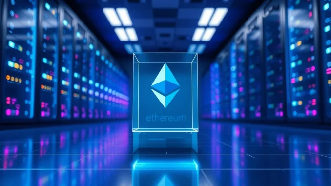 Ethereum logo floating in a modern server room representing network staking infrastructure