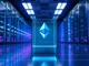 Ethereum logo floating in a modern server room representing network staking infrastructure