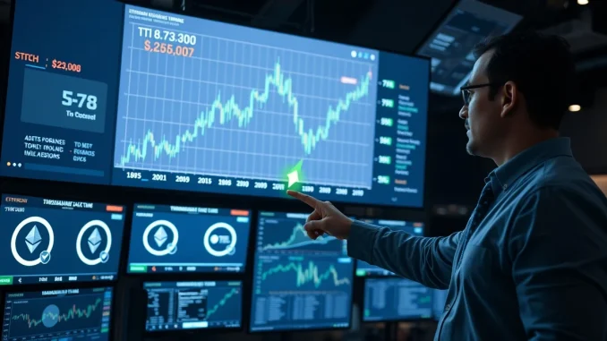 Analyst pointing at Ethereum price chart showing ETH surging past $2,300 on trading monitors