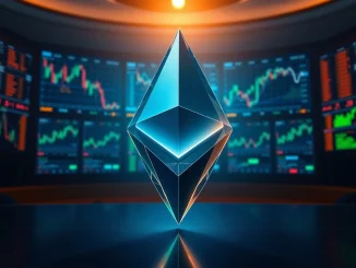 3D Ethereum logo on a trading floor with chart monitors in the background.