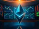 3D Ethereum logo on a trading floor with chart monitors in the background.