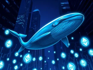 Digital whale swimming through Ethereum blockchain data streams at night