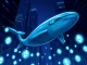 Digital whale swimming through Ethereum blockchain data streams at night