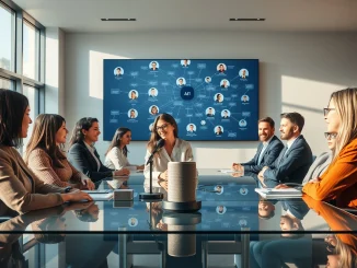 Professionals collaborating in a modern office with a voice AI interface displayed on a large screen showing a knowledge graph.